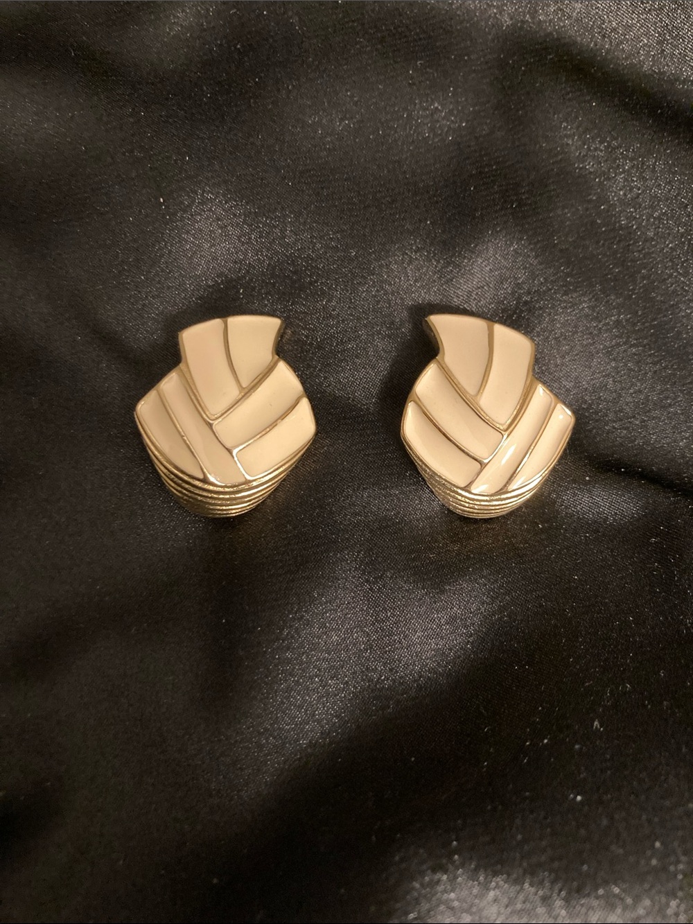 Trifari Gold & White Enamel Clip Earrings -